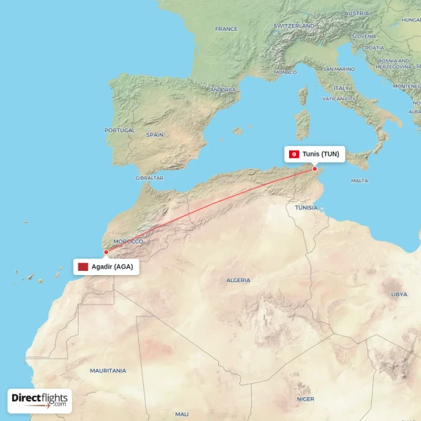 Tunis - Agadir direct flight map