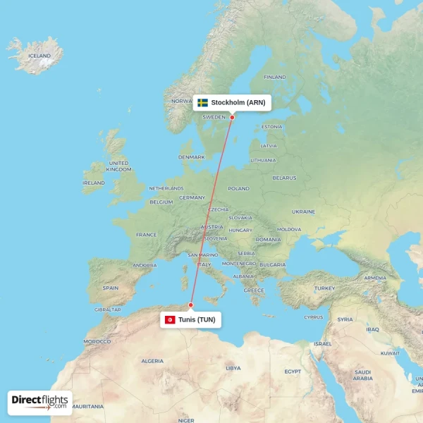 Tunis - Stockholm direct flight map