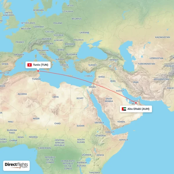Tunis - Abu Dhabi direct flight map
