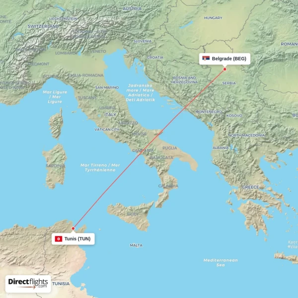 Tunis - Belgrade direct flight map