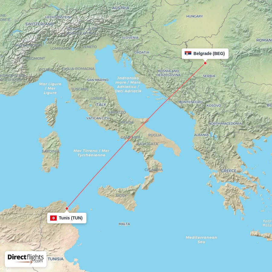 TUN - BEG route map