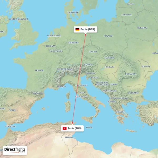 Tunis - Berlin direct flight map