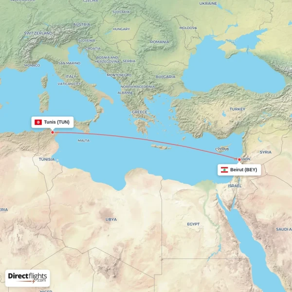 Tunis - Beirut direct flight map