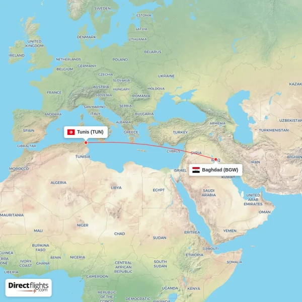 Tunis - Baghdad direct flight map