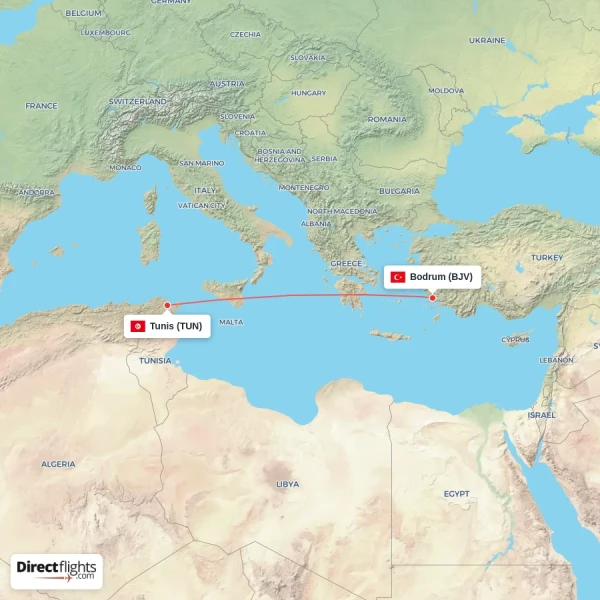 Tunis - Bodrum direct flight map