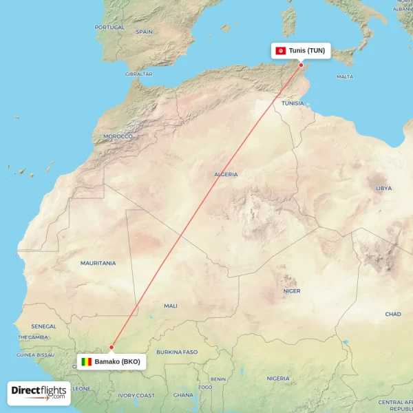 Tunis - Bamako direct flight map