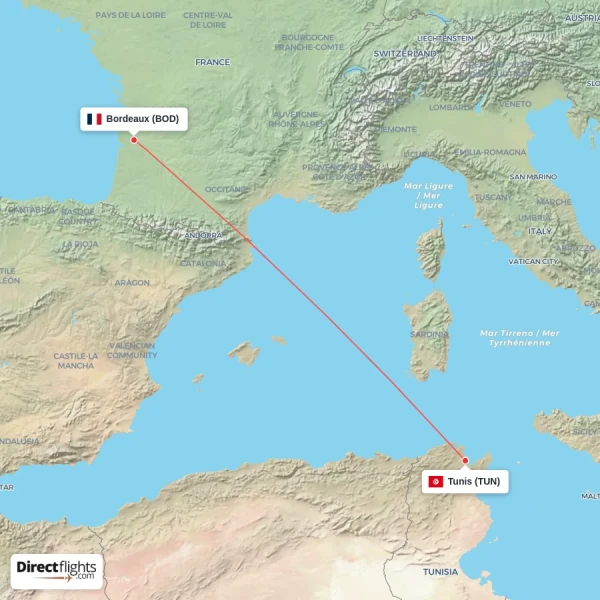 Tunis - Bordeaux direct flight map