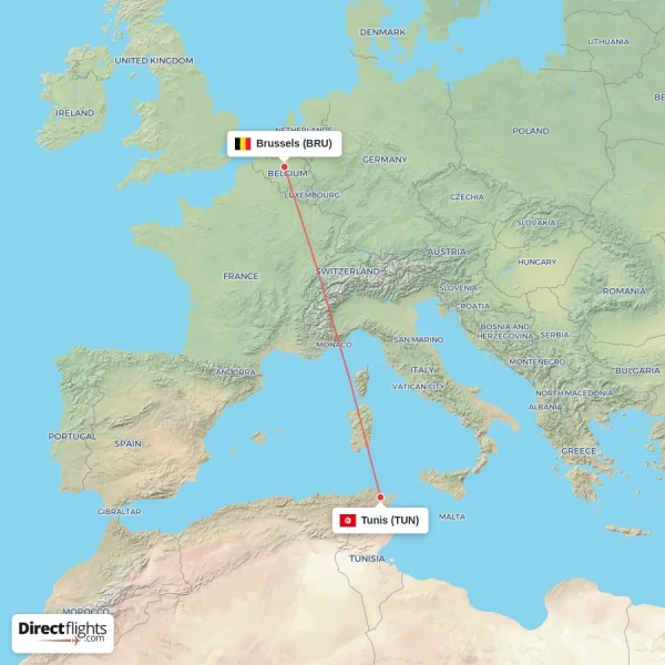 Tunis - Brussels direct flight map