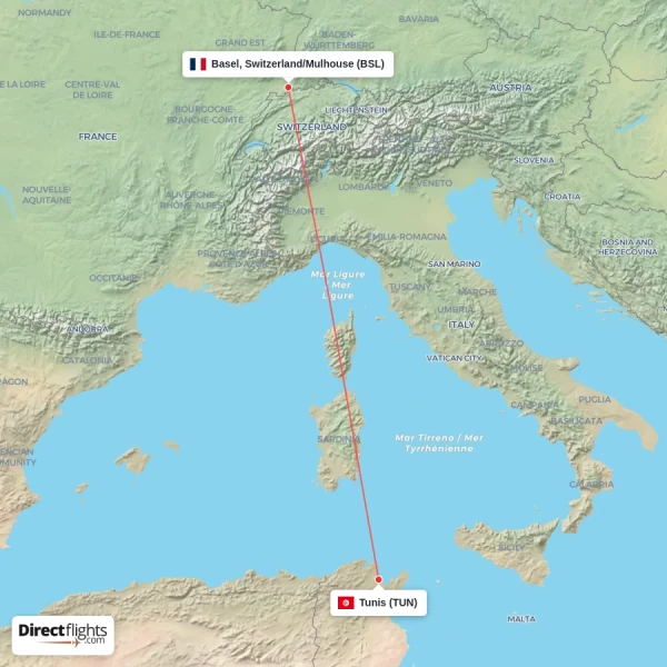 Tunis - Basel, Switzerland/Mulhouse direct flight map