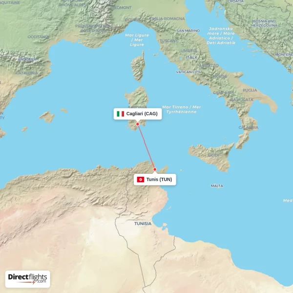 Tunis - Cagliari direct flight map