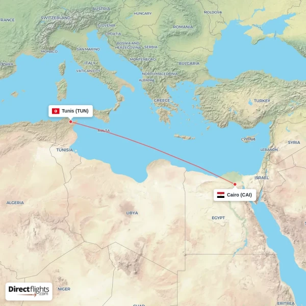 Tunis - Cairo direct flight map