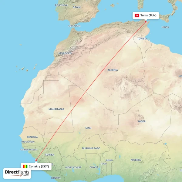 Tunis - Conakry direct flight map