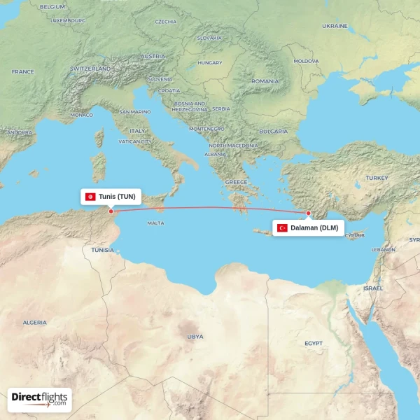 Tunis - Dalaman direct flight map