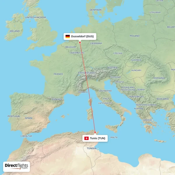Tunis - Dusseldorf direct flight map
