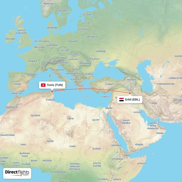 Tunis - Erbil direct flight map