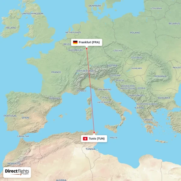 Tunis - Frankfurt direct flight map