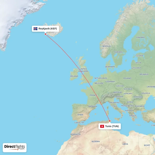 Tunis - Reykjavik direct flight map
