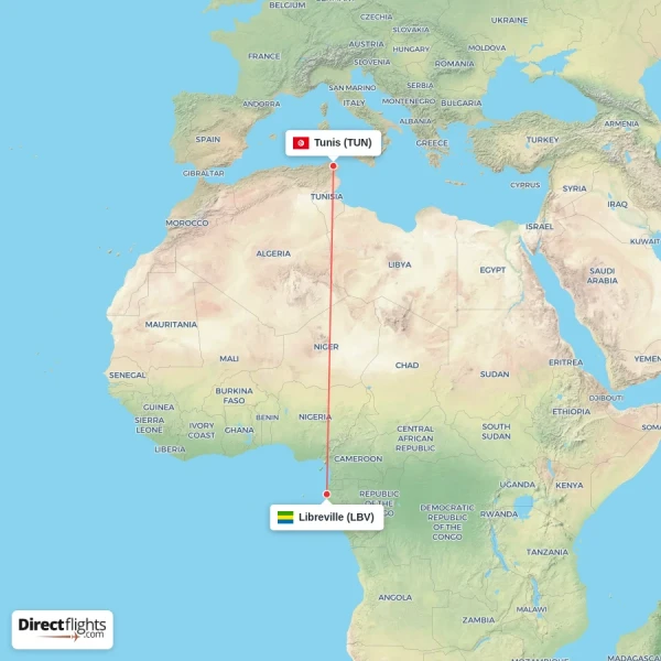 Tunis - Libreville direct flight map