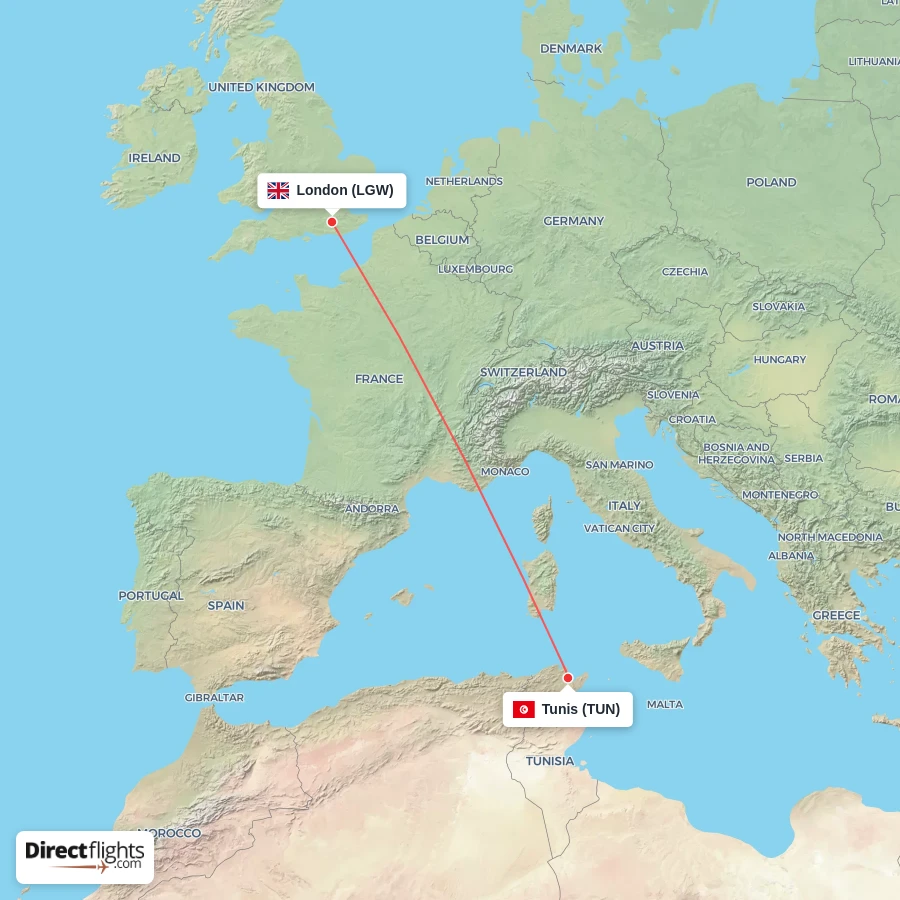 TUN - LGW route map