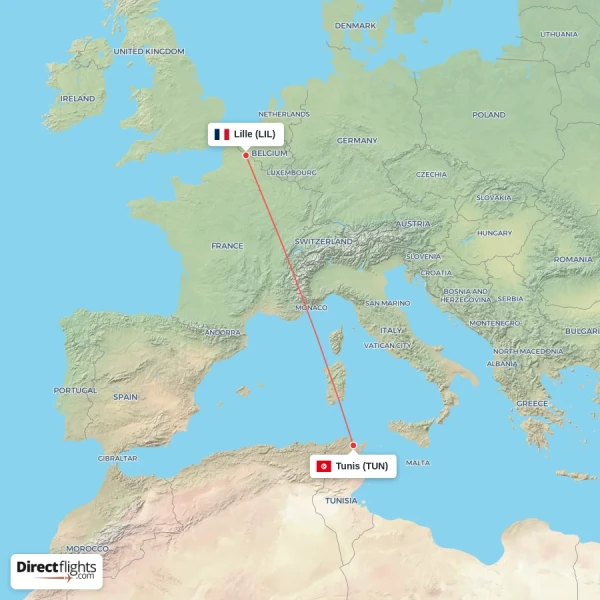 Tunis - Lille direct flight map