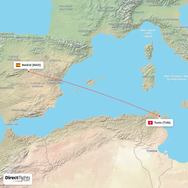 Tunis - Madrid direct flight map