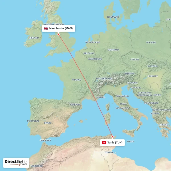 Tunis - Manchester direct flight map