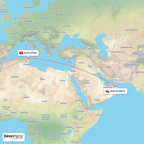Tunis - Muscat direct flight map