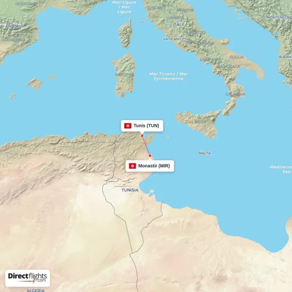 Tunis - Monastir direct flight map