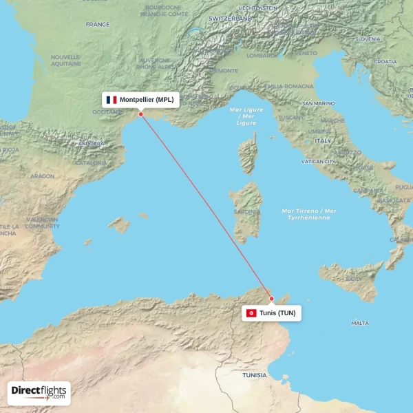 Tunis - Montpellier direct flight map