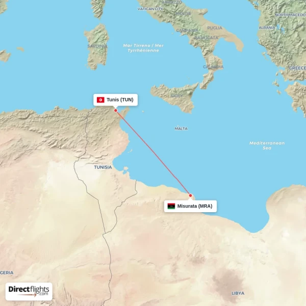 Tunis - Misurata direct flight map