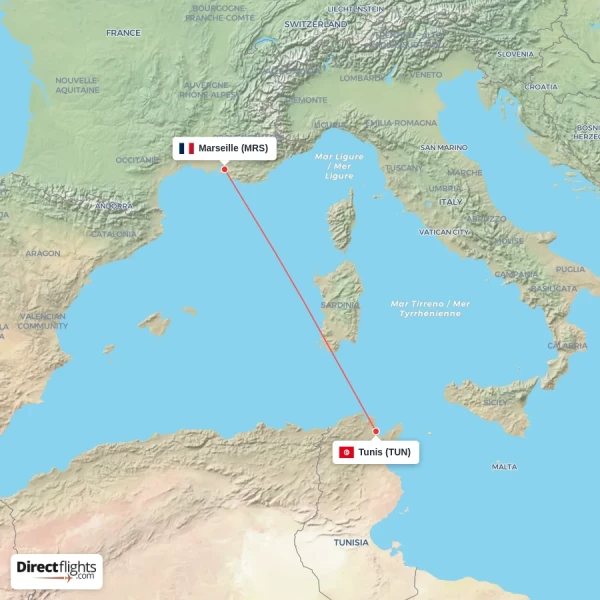 Tunis - Marseille direct flight map