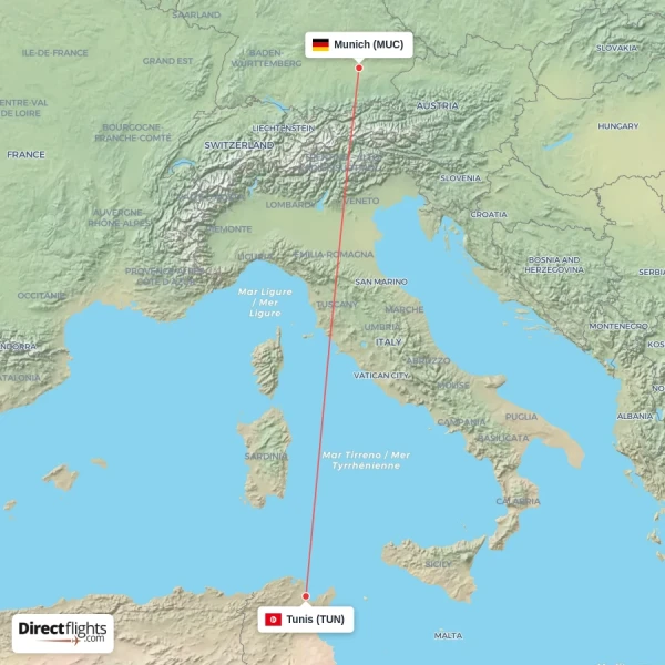 Tunis - Munich direct flight map