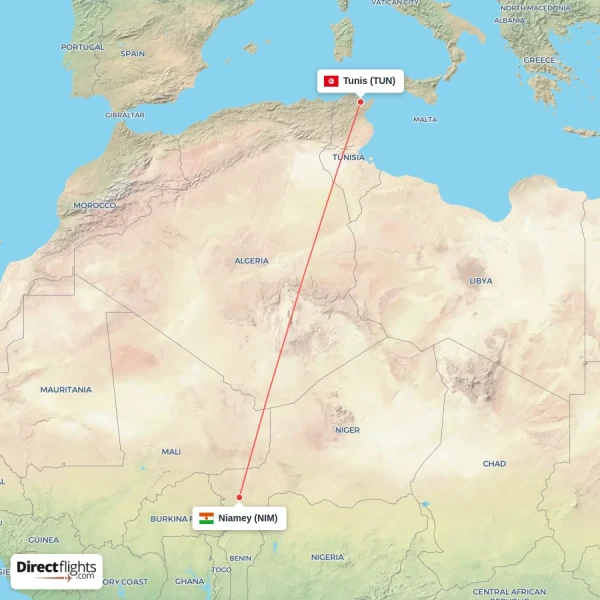 Tunis - Niamey direct flight map
