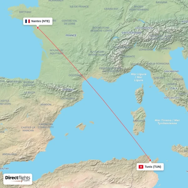 Tunis - Nantes direct flight map