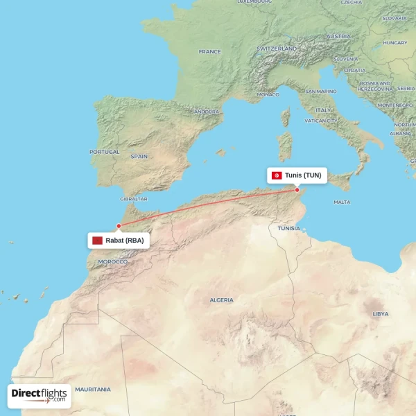 Tunis - Rabat direct flight map