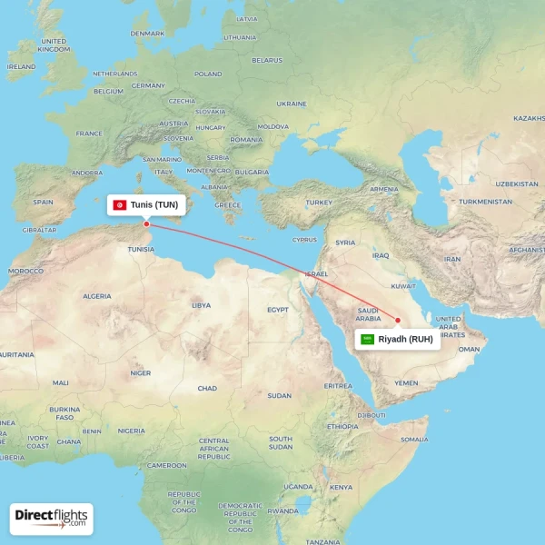 Tunis - Riyadh direct flight map