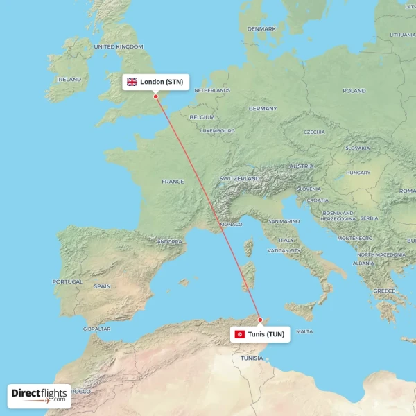 Tunis - London direct flight map