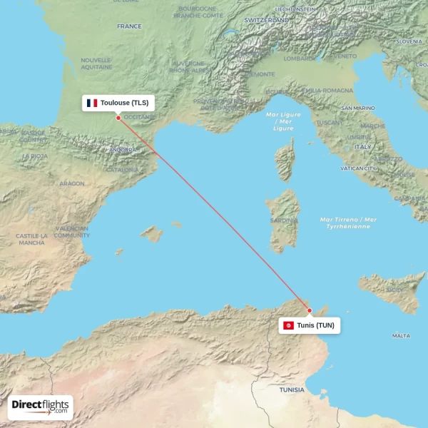 Tunis - Toulouse direct flight map