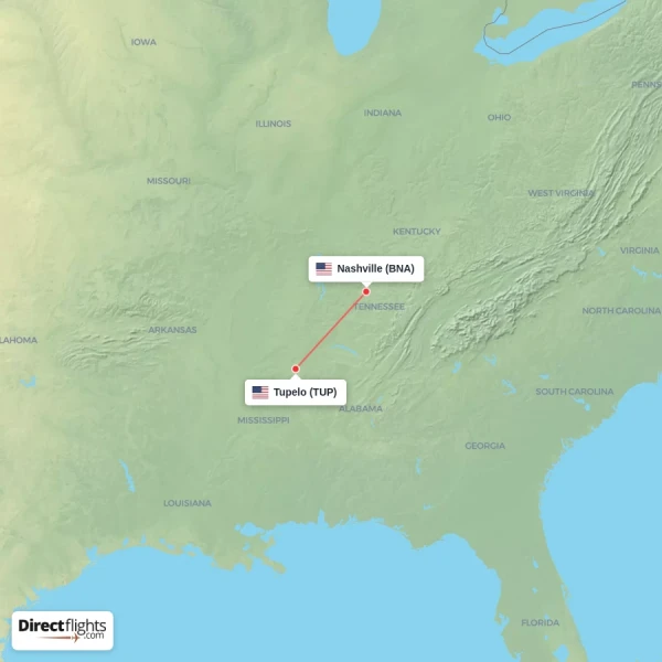 Tupelo - Nashville direct flight map