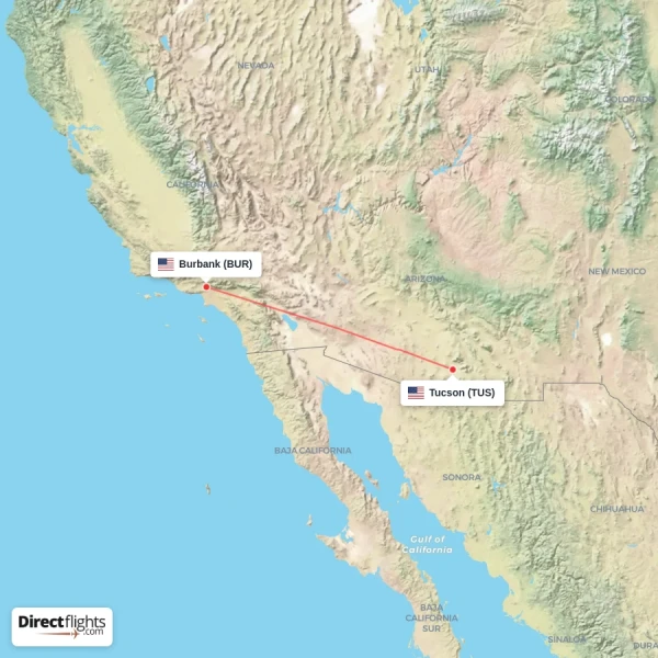 Tucson - Burbank direct flight map