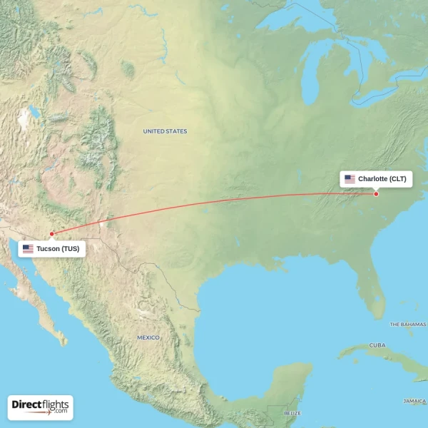 Tucson - Charlotte direct flight map