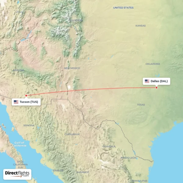 Tucson - Dallas direct flight map