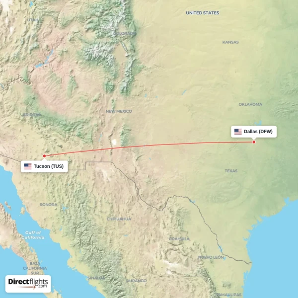 Tucson - Dallas direct flight map