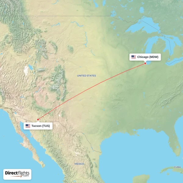 Tucson - Chicago direct flight map