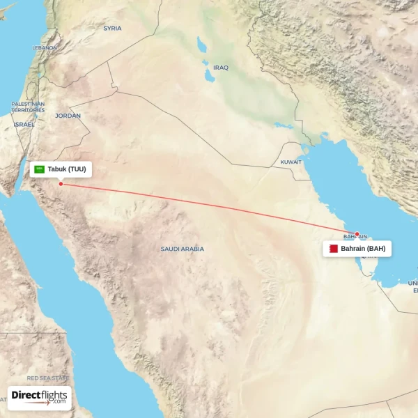 Tabuk - Bahrain direct flight map