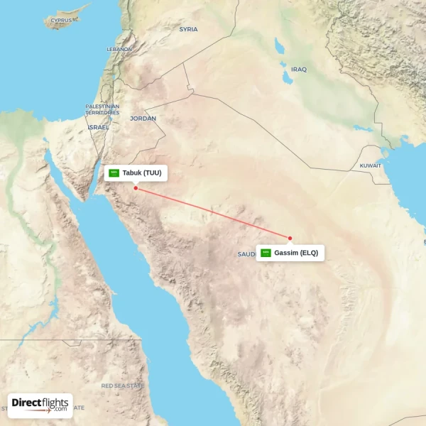 Tabuk - Gassim direct flight map