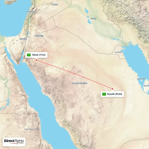 Tabuk - Riyadh direct flight map