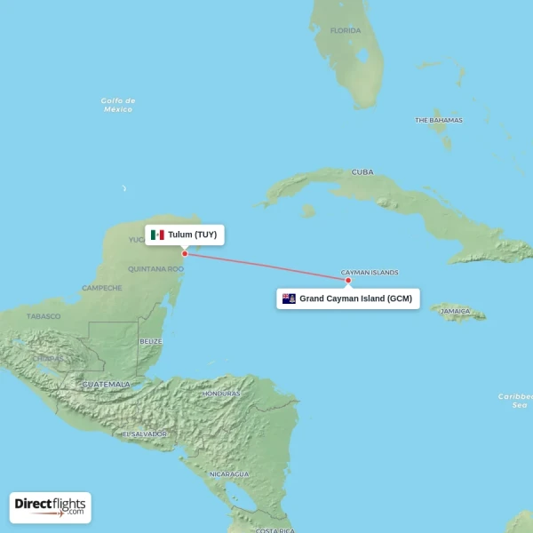 Tulum - Grand Cayman Island direct flight map