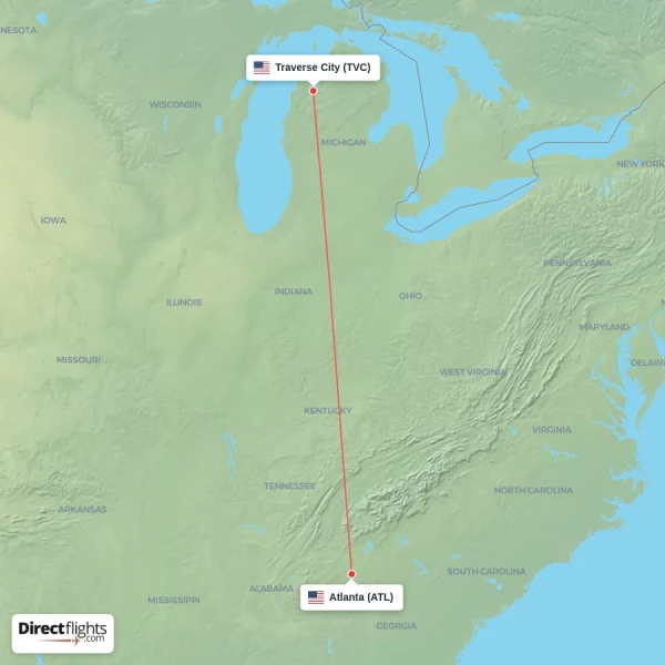 Traverse City - Atlanta direct flight map