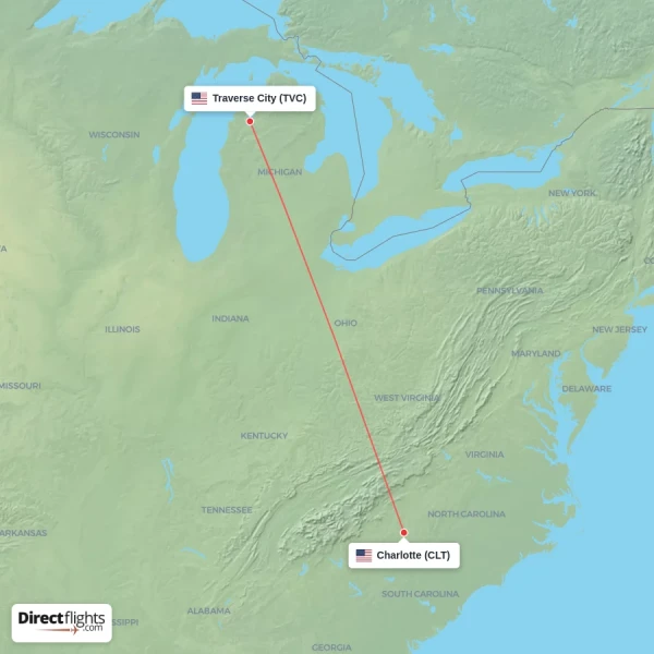 Traverse City - Charlotte direct flight map